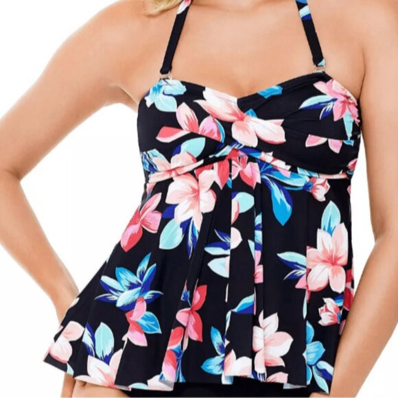 Swim Solutions Tankini Womens 12, Black Floral Sweetheart Twist Bathing Swim Top - Picture 2 of 11